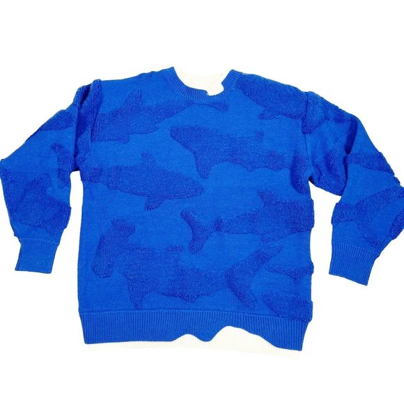 Aelfric Eden Shark Whale Jacquard Knit 3D Sweater Textured Blue Pullover Size S